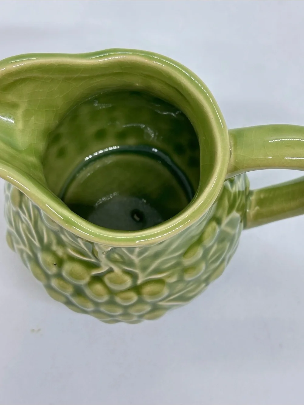 Vintage Green Grape Vine Ceramic Sugar Bowl with Lid and Creamer Set*Has Crazing